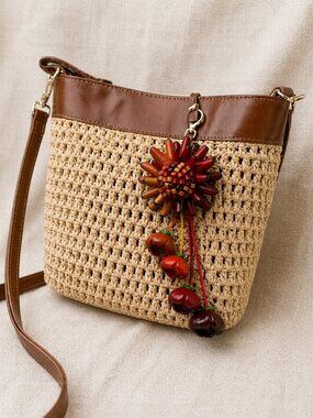 Handmade Leather Floral Bag Charm 🌺 Red Artisan Keychain